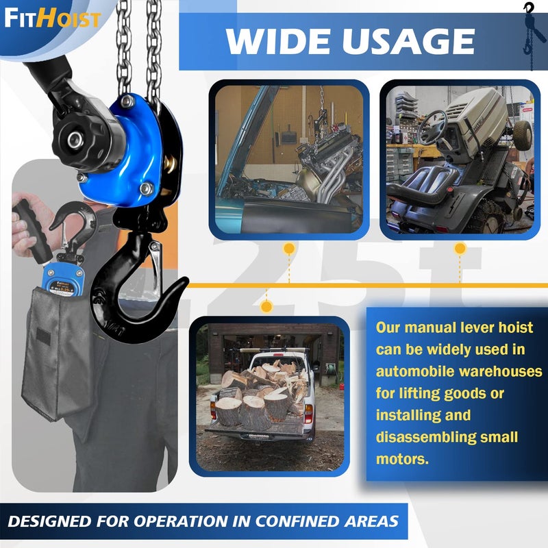FITHOIST Mini Chain Hoist 1/4 ton 550Lbs Capacity 10ft Lift Small Come Along Alloy Steel G80 Chain 2 Heavy Duty Hooks  Manual lever chain hoist for Garages Warehouse Automotive Machinery - Image 3